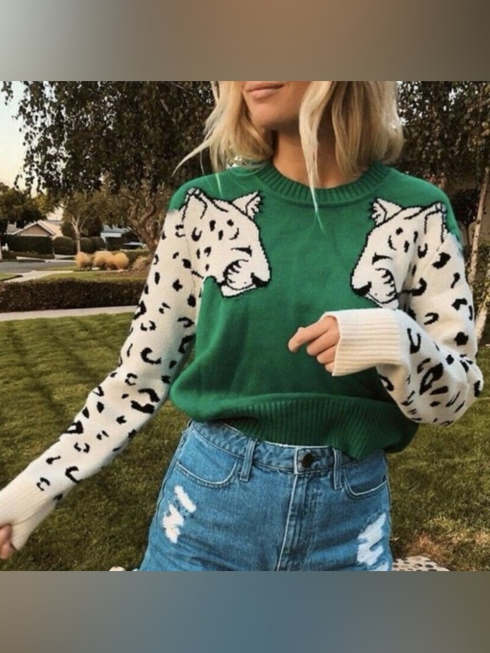 Leopard sleeve crew neck sweater
